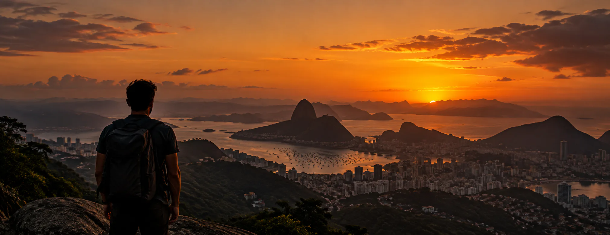 Person with a backpack in front of the city at sunset