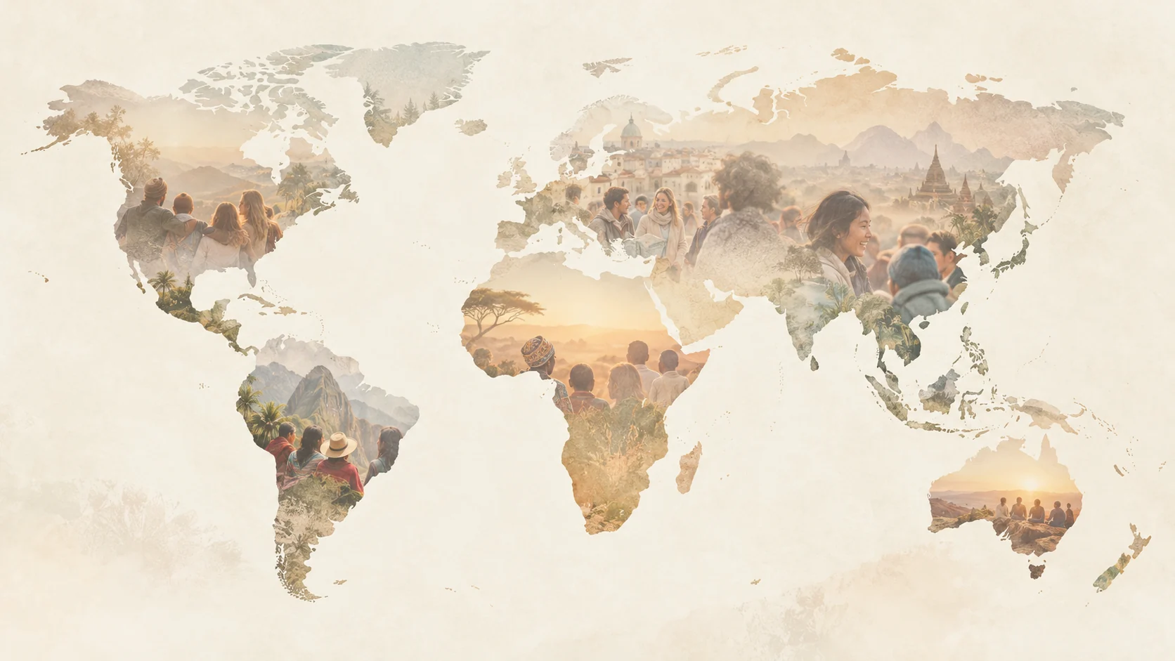 Editorial world map in sandy tones with subtle human scenes