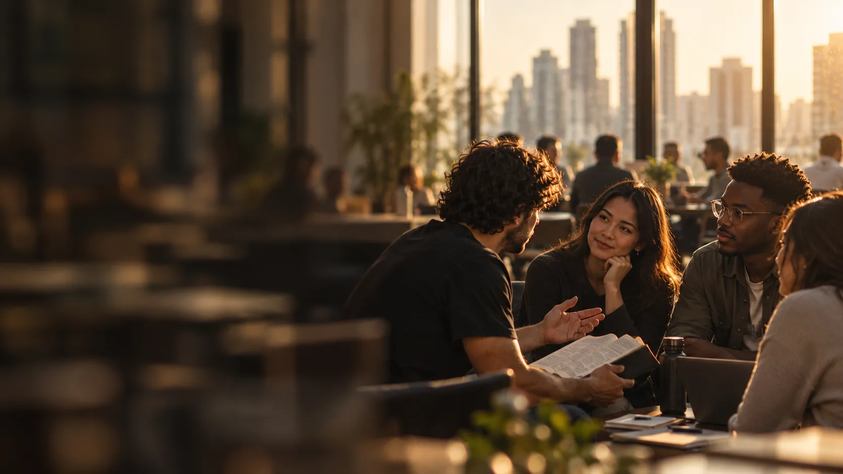 A group of friends studying the Bible together at a café table in golden-hour light